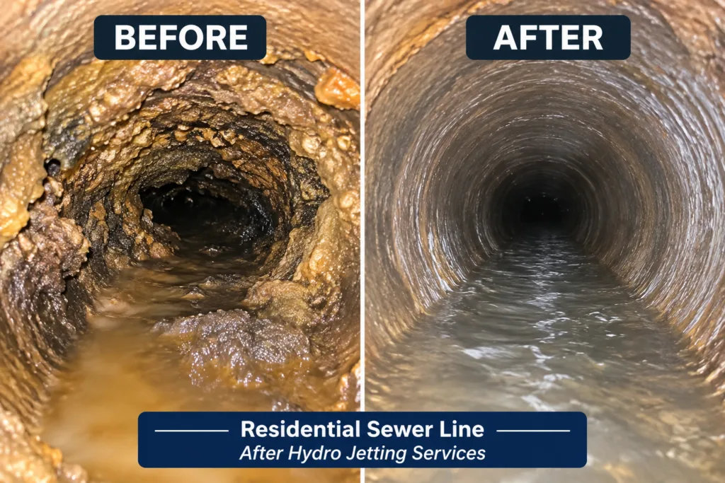 Hydrojetting, before and after photo